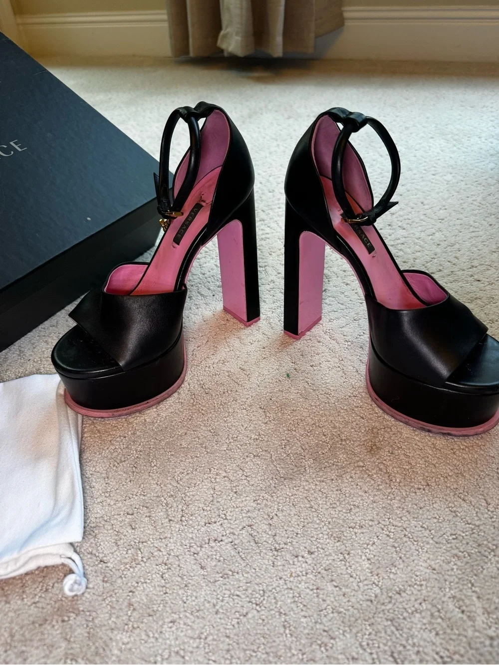 Versace Black Leather Platform Sandals with Medusa Charm & Pink Insoles Size 6